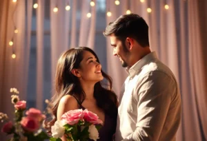 Engagement announcement celebration with romantic ambiance