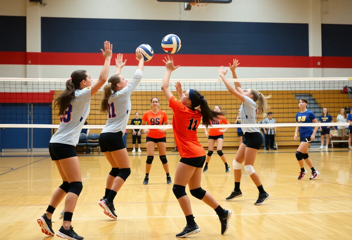 High school volleyball match with players in motion