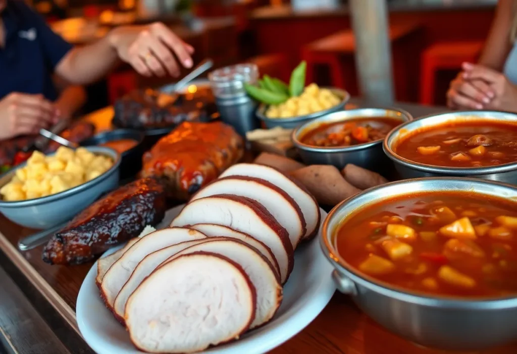 Delicious barbecue spread from Bono's Pit Bar-B-Q featuring turkey, macaroni and cheese, and Brunswick stew