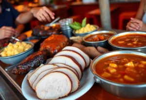 Delicious barbecue spread from Bono's Pit Bar-B-Q featuring turkey, macaroni and cheese, and Brunswick stew