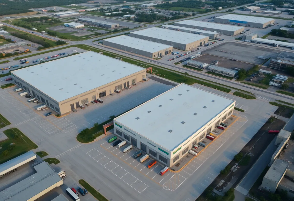 Aerial view of Broward County warehouses with trucks in operation