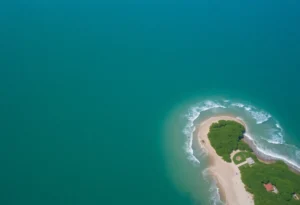 Aerial view of a quiet ocean with coastal communities during hurricane season.