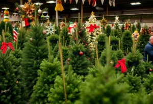 Scene of a Christmas tree auction with various trees for sale.