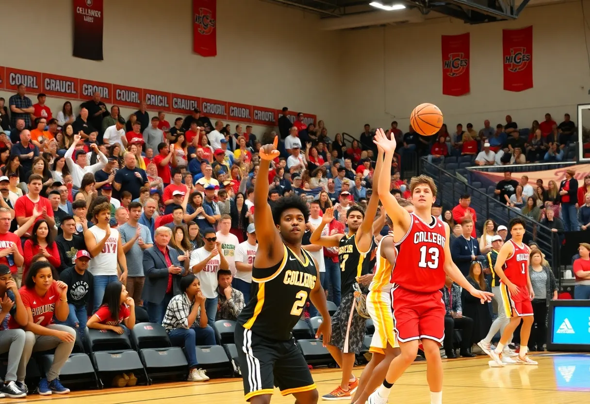 College basketball game with fans and players in dynamic poses
