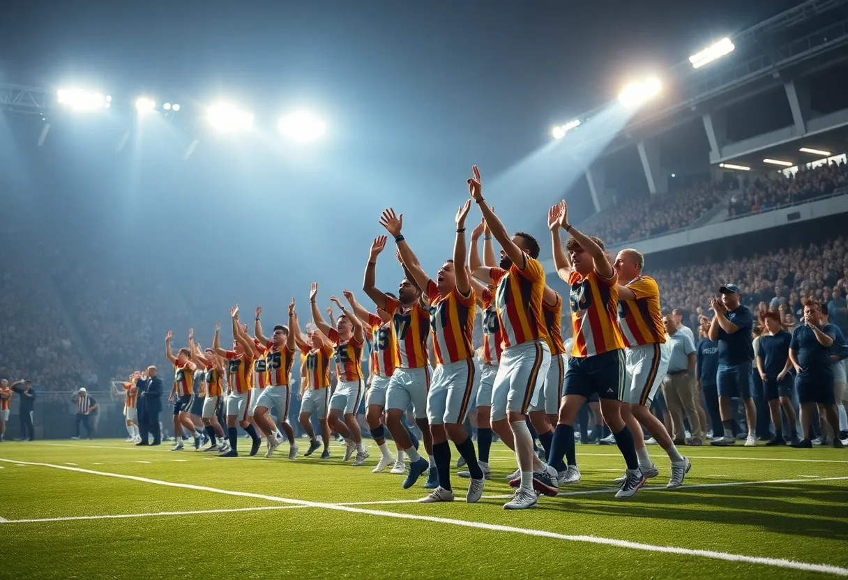 Dallas Cowboys team celebrating a comeback victory over Philadelphia Eagles.