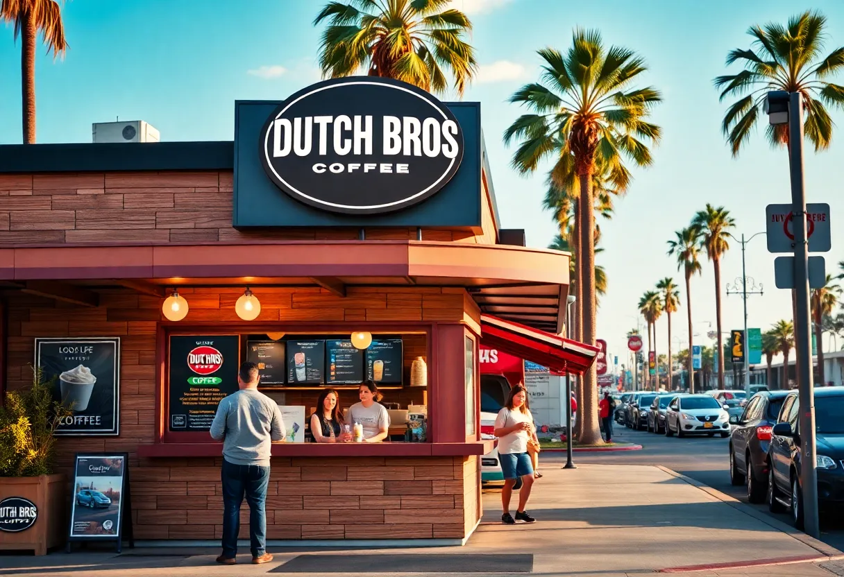 A Dutch Bros Coffee drive-thru kiosk with customers and a bright blue sky.