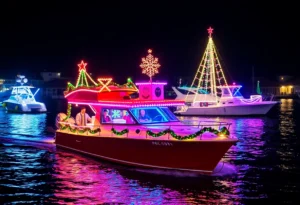 Colorful boats decorated for Christmas in a festive boat parade in Florida