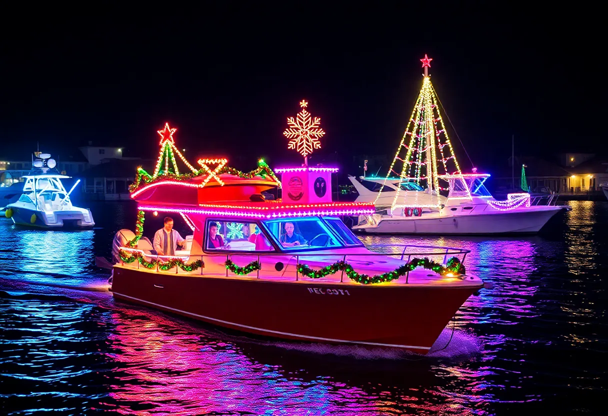Colorful boats decorated for Christmas in a festive boat parade in Florida