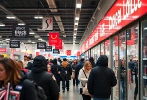 Shoppers in a retail store with enhanced security measures during Black Friday sales.