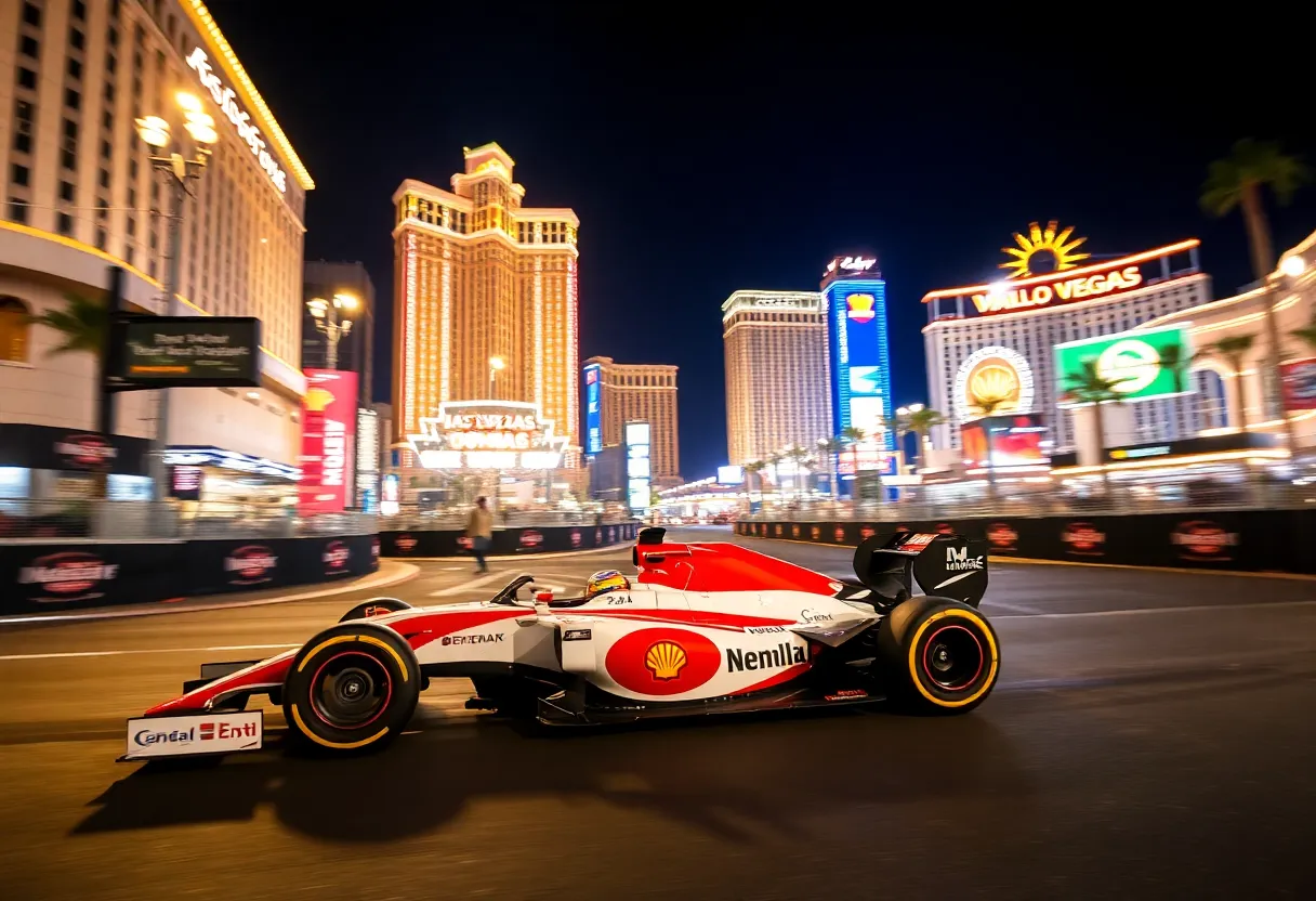 Formula 1 car racing on Las Vegas street circuit
