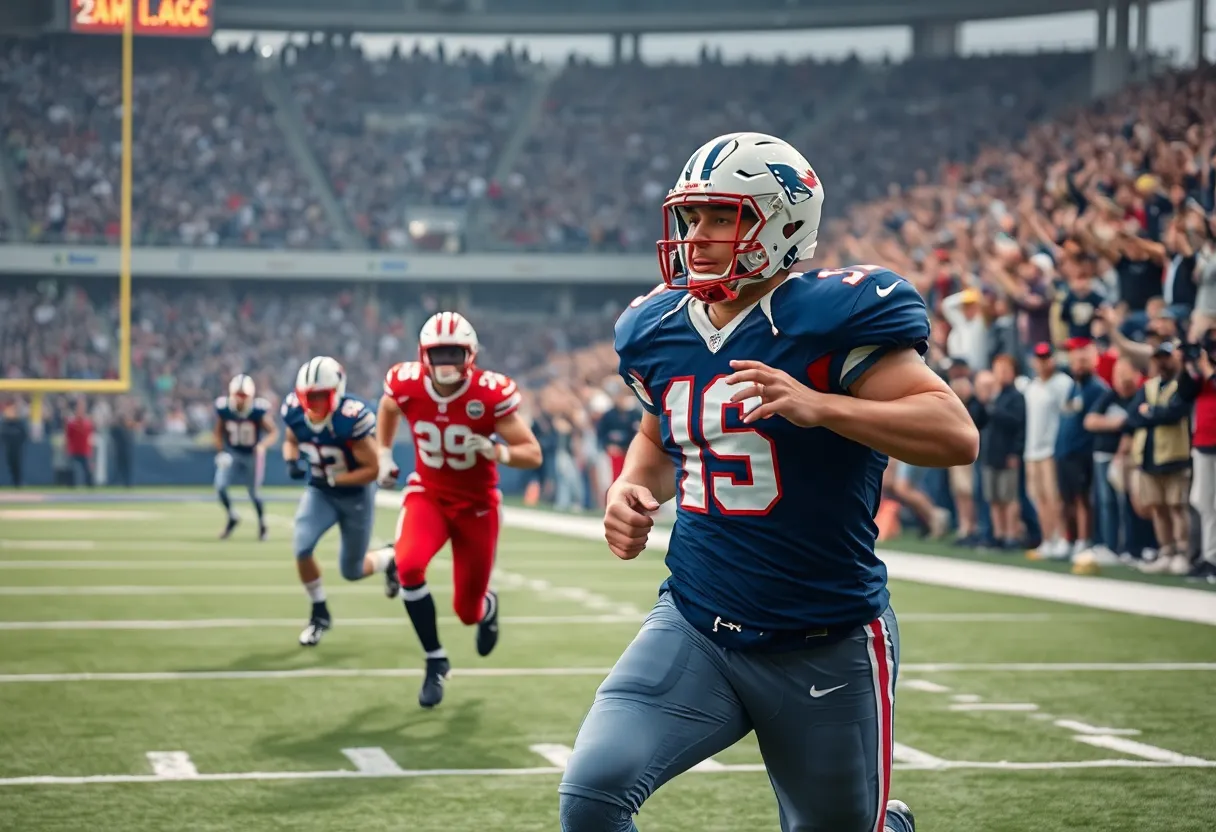 Football field with players and cheering fans