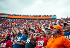 College football fans cheering in the stadium during a game.