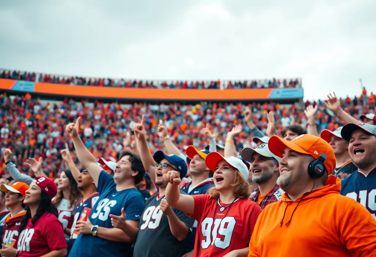 College football fans cheering in the stadium during a game.