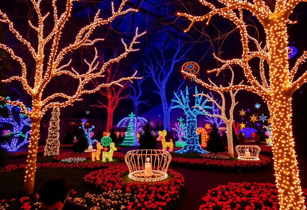 Colorful lights illuminating a holiday garden at Jacksonville Arboretum.