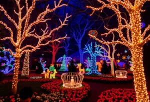 Colorful lights illuminating a holiday garden at Jacksonville Arboretum.