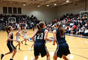 Players from Tocoi Creek and Bolles high schools competing in a basketball game.