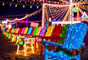 Decorated chairs illuminated with colorful lights at Deck The Chairs event