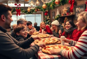 Families enjoying a festive meal during the Holiday Pizza Party in Jacksonville.