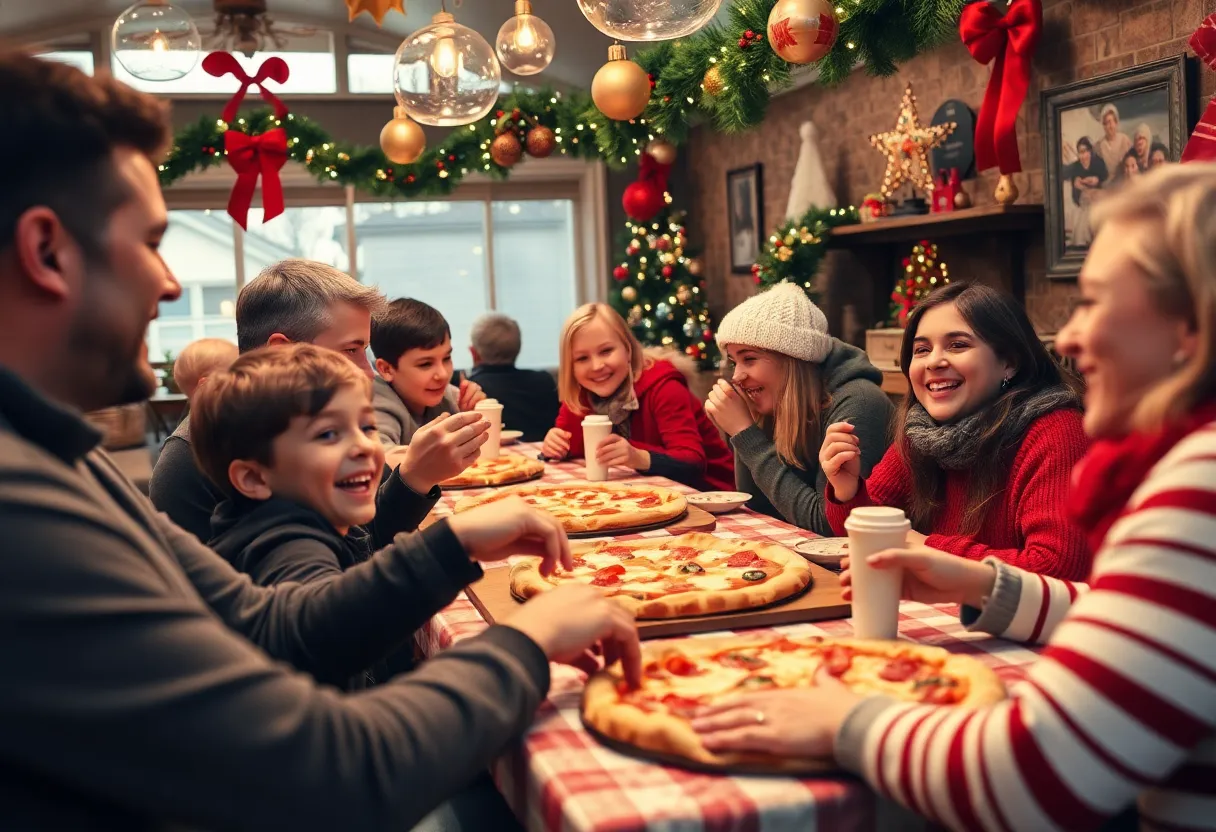 Families enjoying a festive meal during the Holiday Pizza Party in Jacksonville.