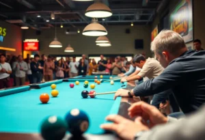 Players competing at the International 9-Ball Open in a vibrant atmosphere.