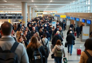 A crowded Jacksonville Airport terminal filled with travelers during the Thanksgiving holiday.