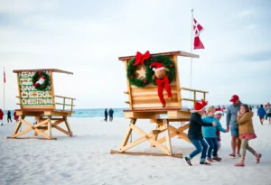 Festively decorated lifeguard chairs at Jacksonville Beach