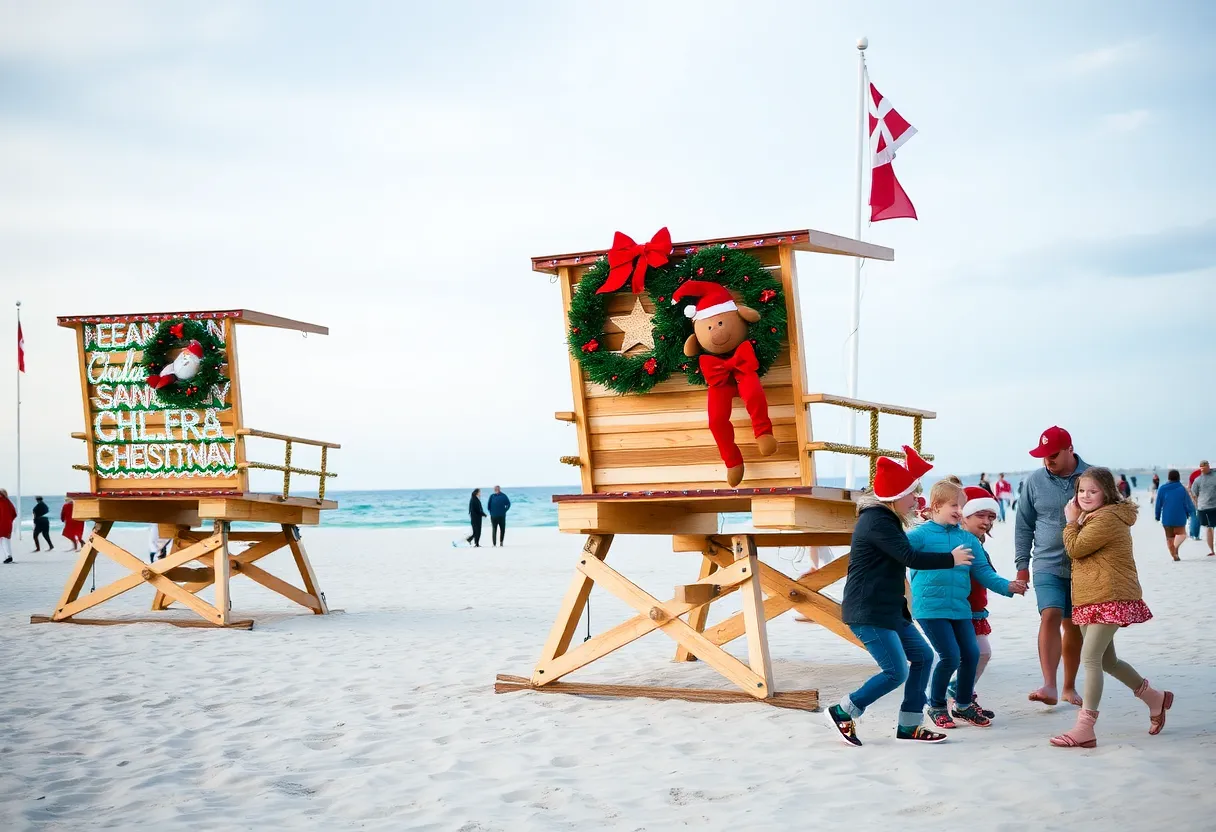 Festively decorated lifeguard chairs at Jacksonville Beach