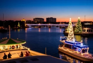 Families enjoying holiday festivities along the St. Johns River in Jacksonville, with Christmas lights and decorated boats.