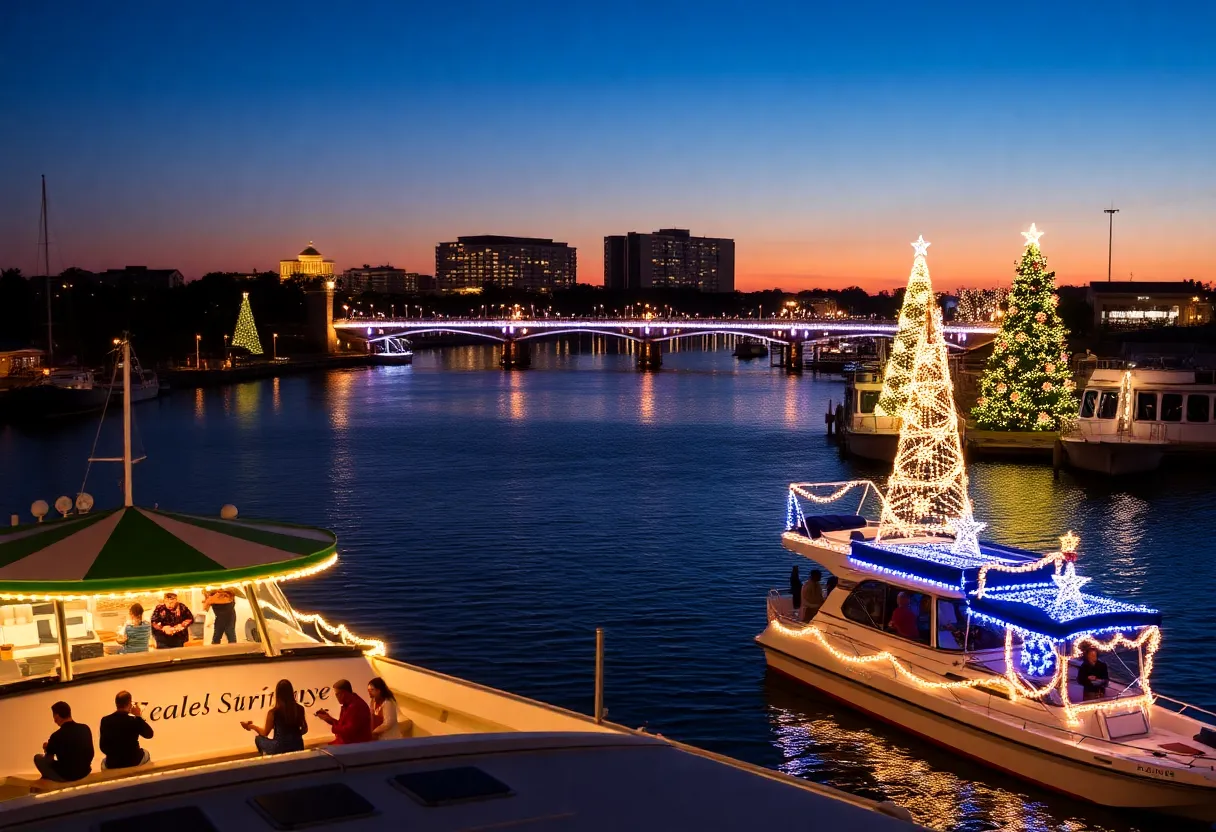 Families enjoying holiday festivities along the St. Johns River in Jacksonville, with Christmas lights and decorated boats.
