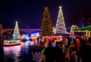 Festive scene of families celebrating at the Holiday River Fest in Jacksonville