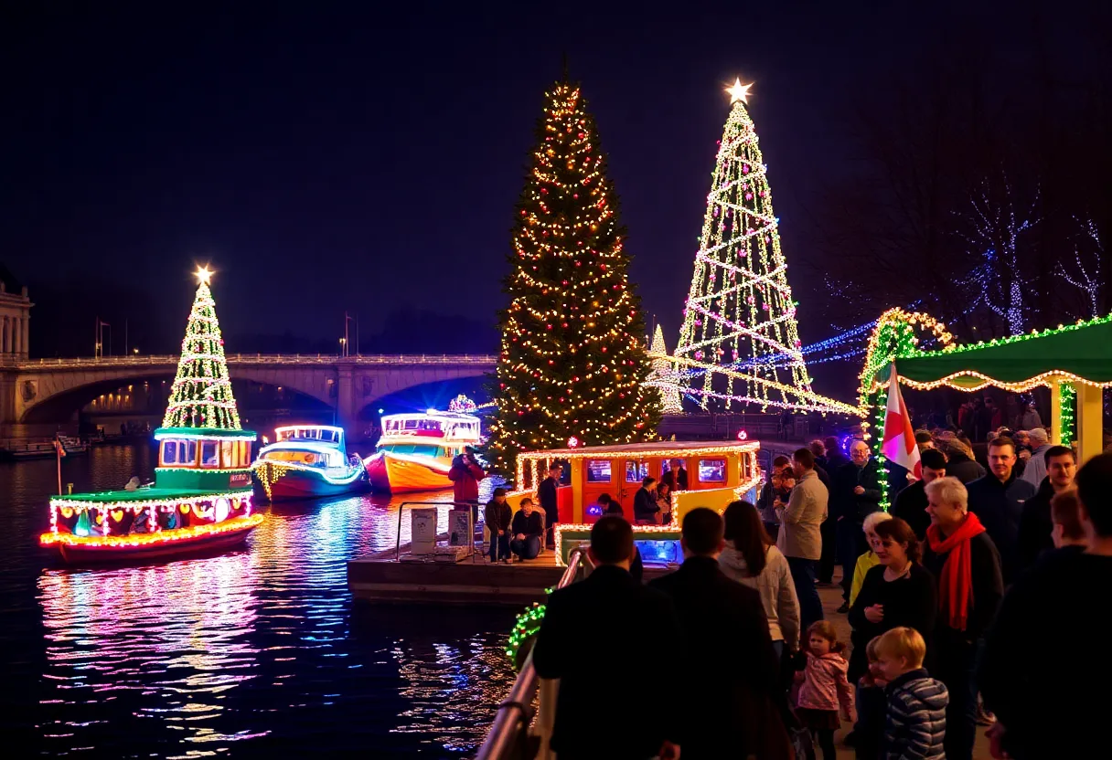 Festive scene of families celebrating at the Holiday River Fest in Jacksonville