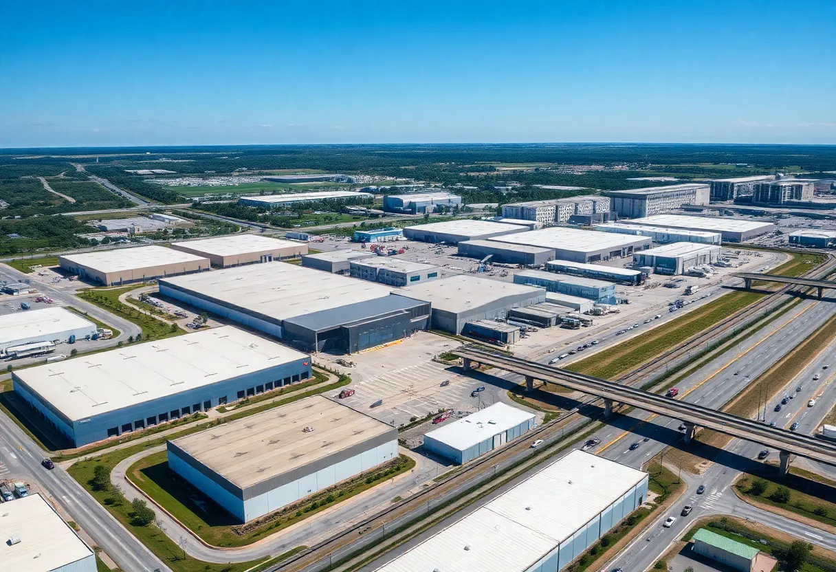 Aerial view of Jacksonville's industrial area with warehouses and transportation hubs.