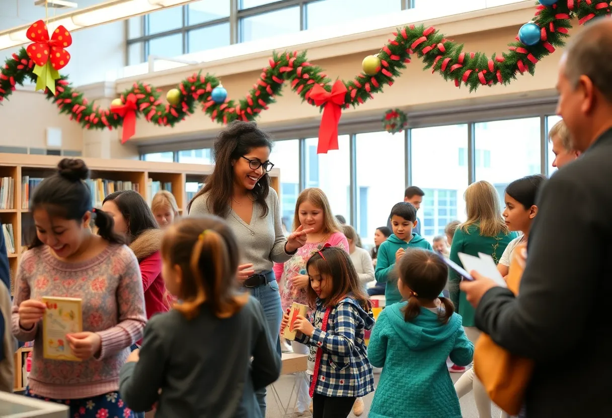 A lively event at the Jacksonville Public Library with attendees enjoying activities.