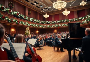 Jacksonville Symphony performing holiday concert in decorated hall
