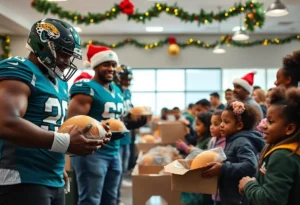 Jacksonville Jaguars players handing out Thanksgiving turkeys to families.