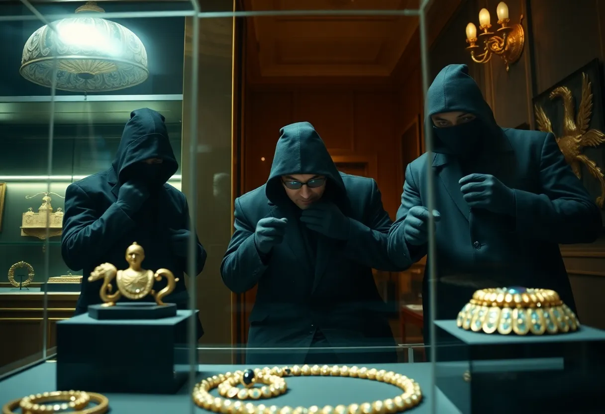 Dramatic scene of a jewel theft at the Louvre Museum.