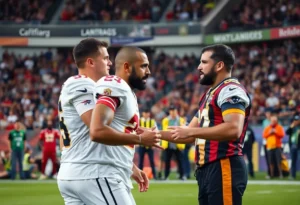 Football players engaging in a postgame altercation on the field.