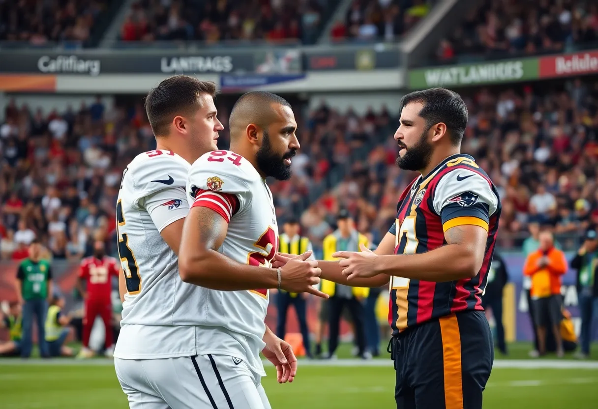 Football players engaging in a postgame altercation on the field.