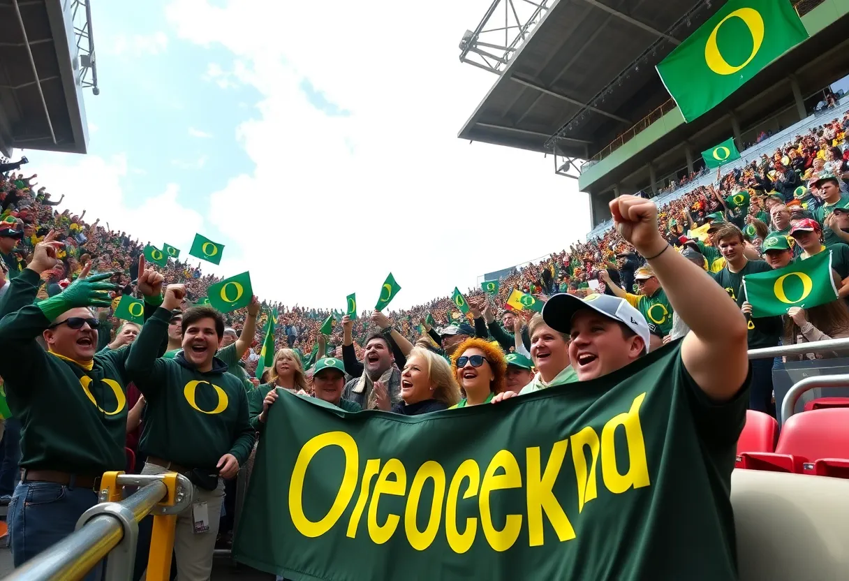 Oregon Ducks fans cheering in the stands during a college football game.