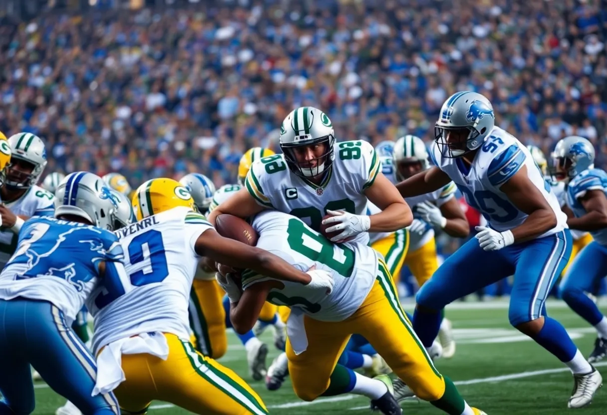 Packers and Lions players in a high-stakes football game.