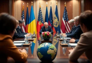 Diplomatic meeting scene representing peace negotiations for Ukraine