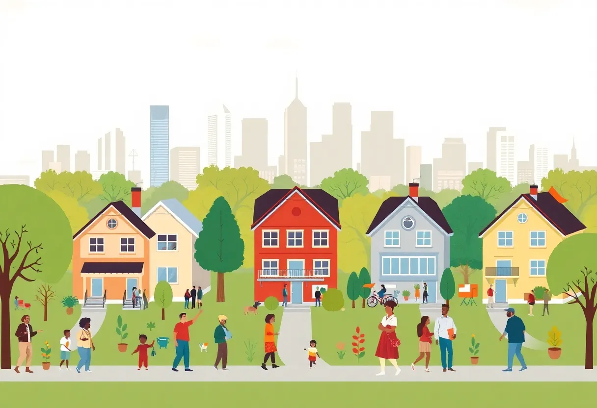 Community engagement around housing amidst urban skyline.