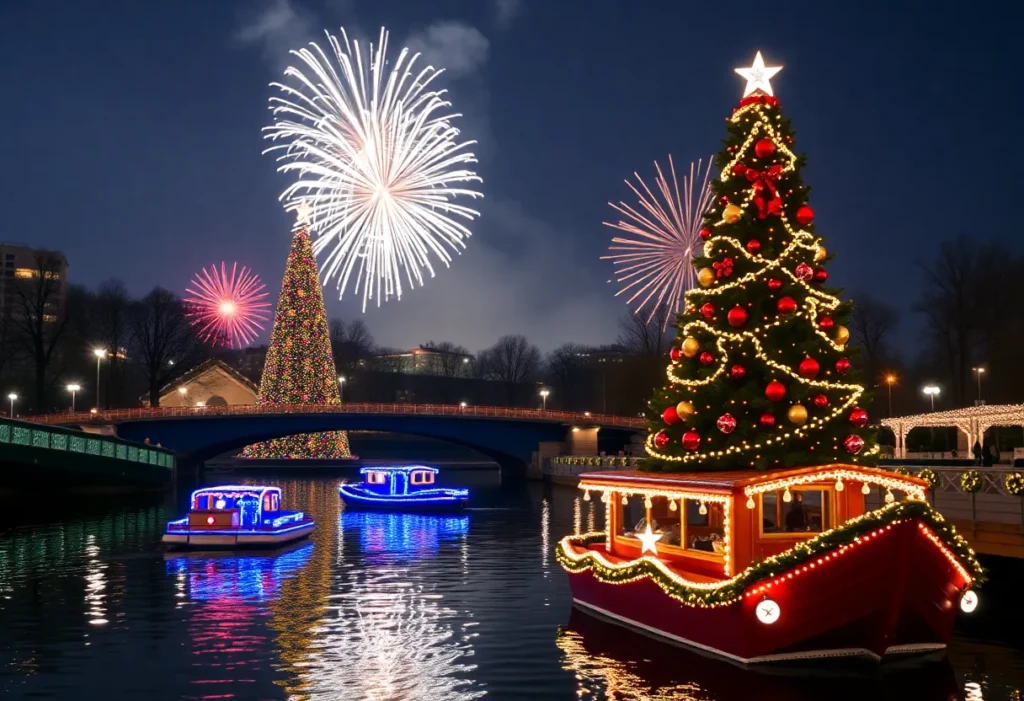 People celebrating at Jacksonville's Riverfront Plaza during the holiday season.