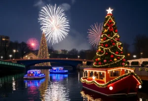 People celebrating at Jacksonville's Riverfront Plaza during the holiday season.