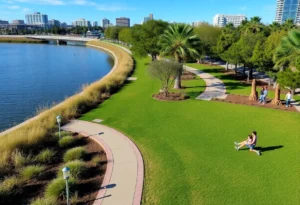 RiversEdge Park featuring walking trails and public art along the St. Johns River.