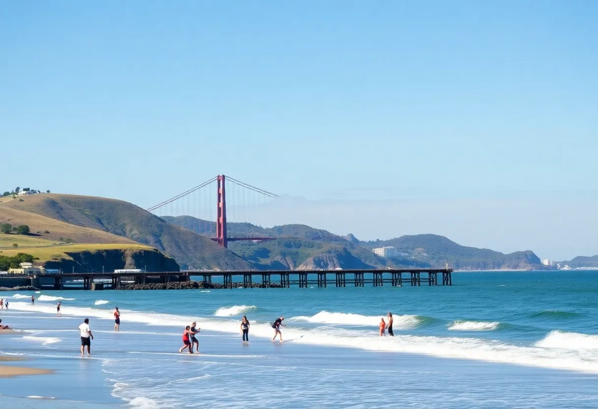 San Francisco coastline with clear skies and community members engaging in outdoor activities.
