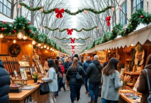 A bustling seasonal pop-up market with local vendors and shoppers.