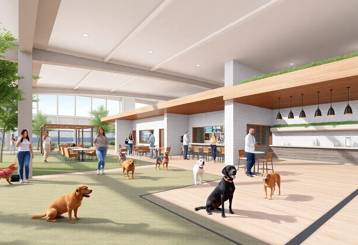 A design concept of the Springfield Animal Hospital with a dog park and bar.