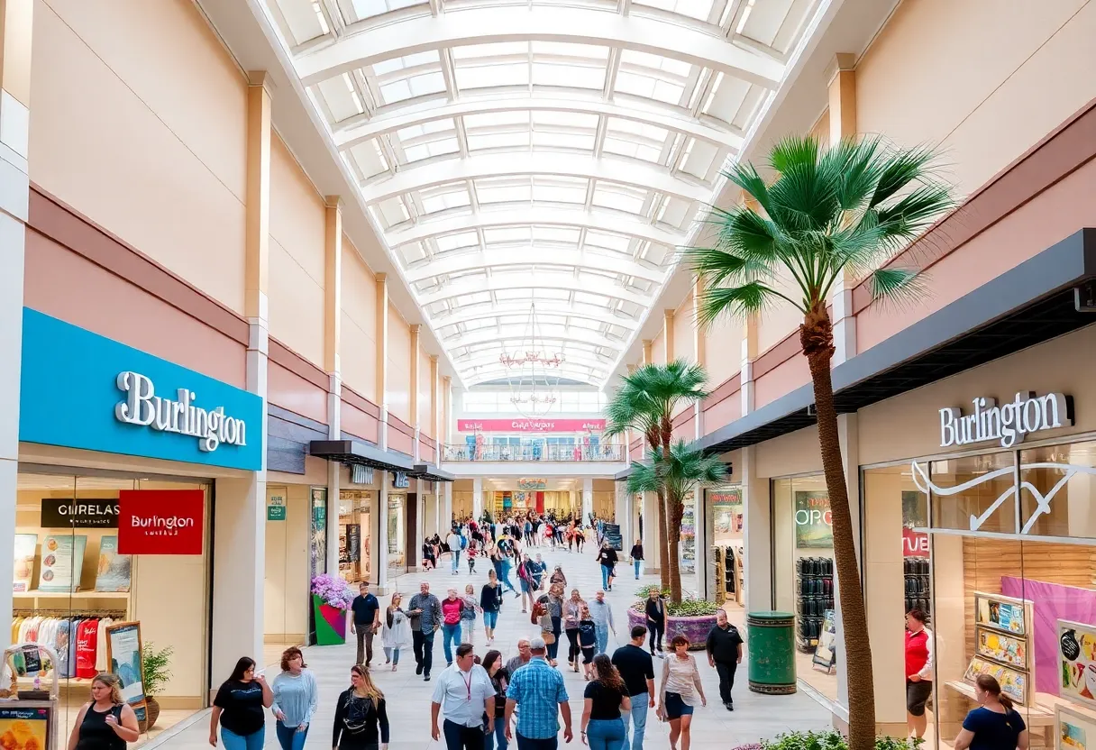 Shoppers at St. Johns Town Center with Burlington signage