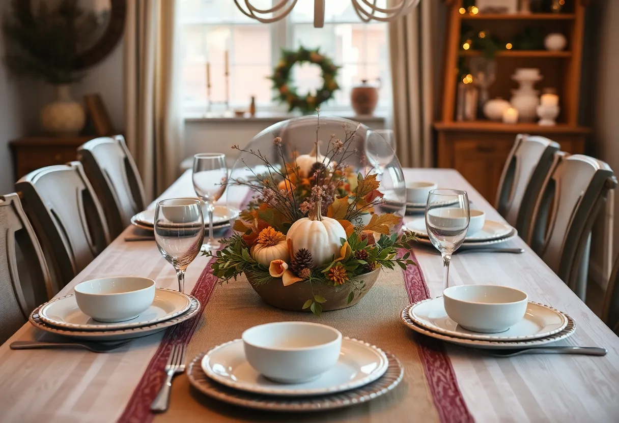 A warm and inviting Thanksgiving dining table with secondhand decorations.